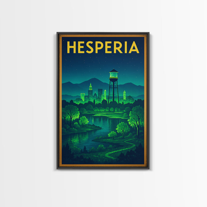 Hesperia Travel Poster, Framed Canvas Print, Electric Night Poster Art, Hesperia Travel Art, Vintage Travel Art, Living Room Wall Art