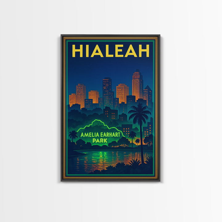 Hialeah Travel Poster, Canvas Print, Retro Neon Travel Art, Hialeah Wall Art, Wall Art, Watercolor Urban Skyline, Travel Art Print