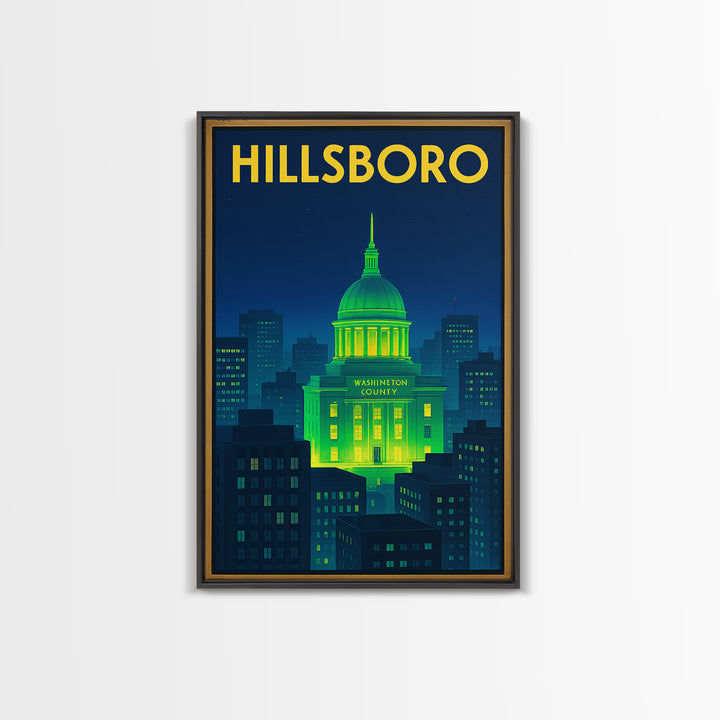 Hillsboro Travel Poster, Framed Canvas Print, Cyberpunk Style City Art, Hillsboro Travel Art, Vintage Travel Art, Fine Art Print