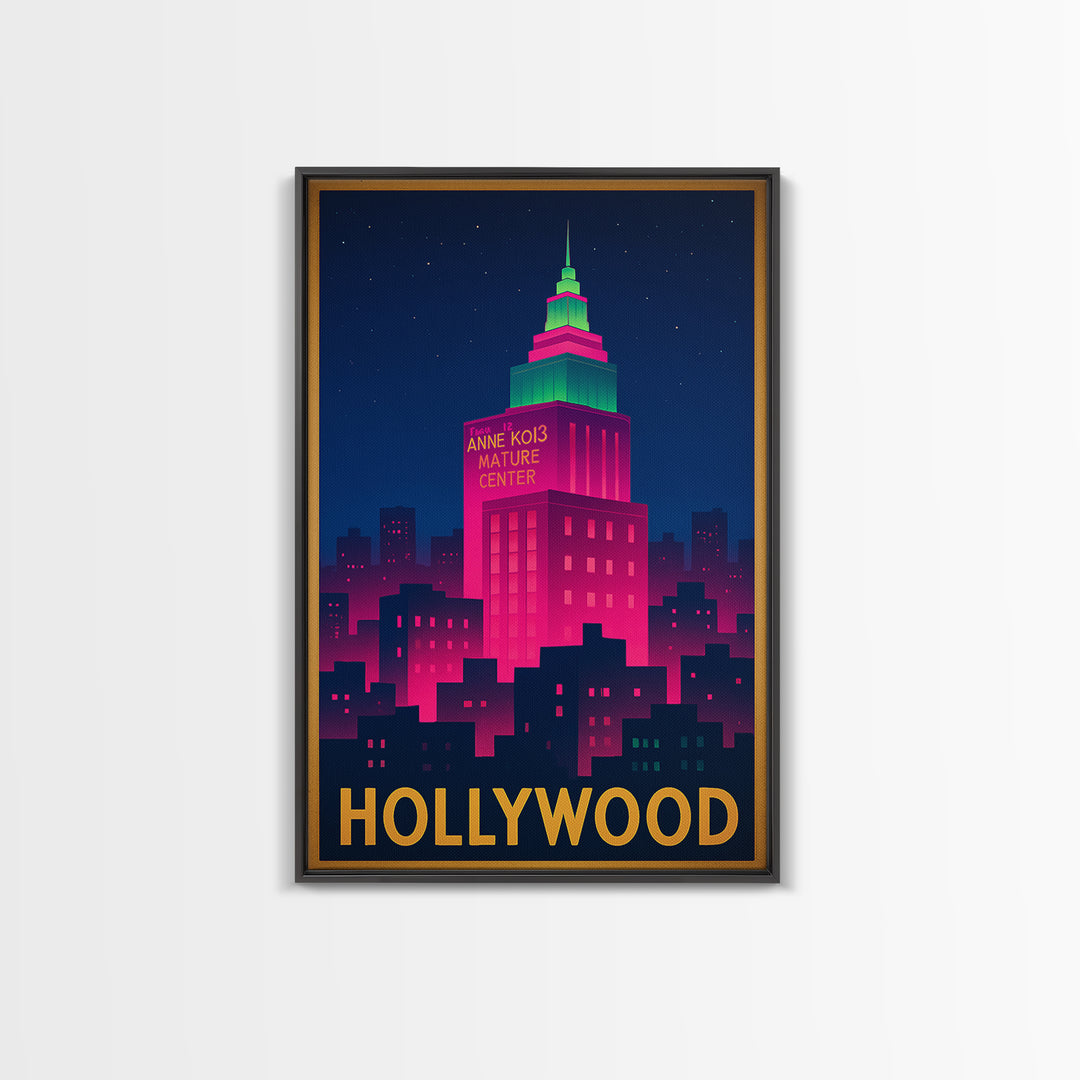 Hollywood Florida Travel Poster, Framed Canvas Print, Cyberpunk Style City Art, Hollywood Wall Art, Eclectic Wall Decor, Fine Art Print