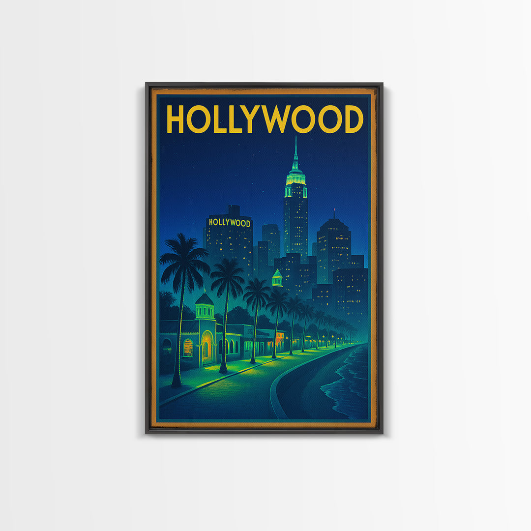 Hollywood Travel Poster, Canvas Print, Retro Neon Travel Art, Hollywood City Art, Travel Wall Art, Travel Wall Decor, City Art Print