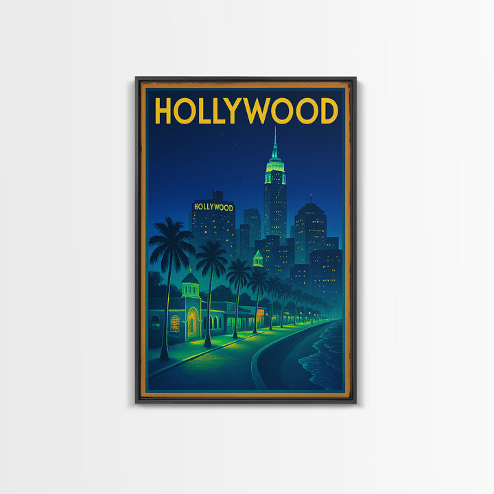 Hollywood Travel Poster, Canvas Print, Retro Neon Travel Art, Hollywood City Art, Travel Wall Art, Travel Wall Decor, City Art Print
