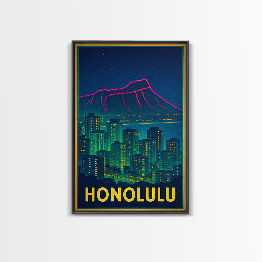Honolulu Hawaii Travel Poster, Framed Canvas Print, Retro Neon Travel Art, Honolulu City Art, Living Room Wall Art, City Illustration