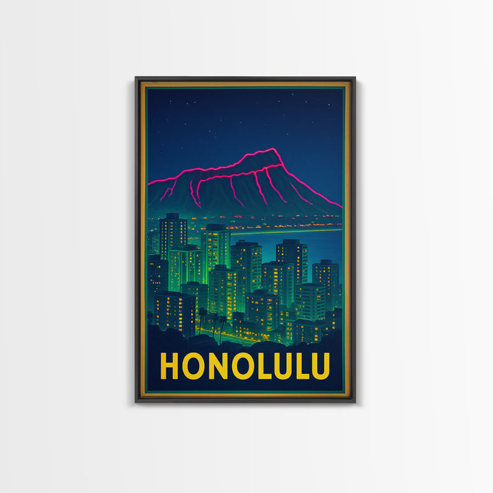 Honolulu Hawaii Travel Poster, Framed Canvas Print, Retro Neon Travel Art, Honolulu City Art, Living Room Wall Art, City Illustration