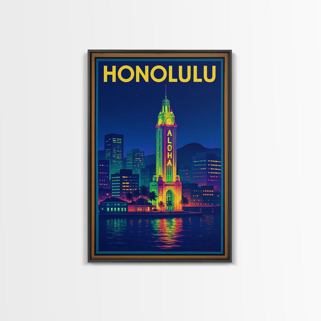 Honolulu Travel Poster, Framed Canvas Print, Neon Cityscape Wall Art, Honolulu Wall Art, City Illustration, Vintage City Art, Art Print
