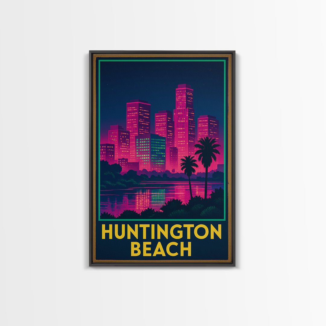 Huntington Beach California Travel Poster, Canvas Print, Electric Night Poster Art, Huntington Beach Travel Art, Office Decor