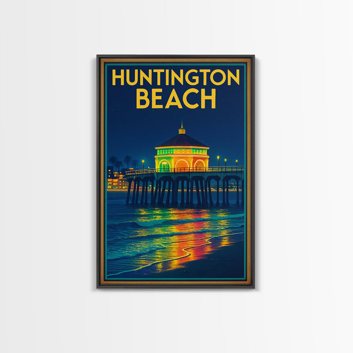 Huntington Beach Travel Poster, Framed Canvas Print, Neon City Skyline Wall Art, Huntington Beach Art Print, Vintage City Poster, Design 2
