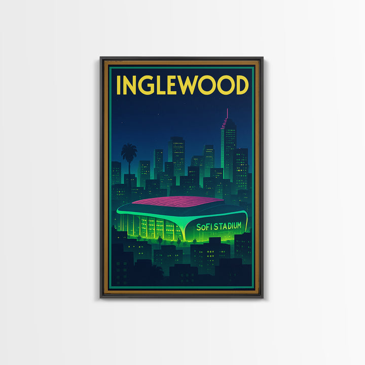 Inglewood Travel Poster, Framed Canvas Print, Cyberpunk Style City Art, Inglewood Travel Art, Vintage City Poster, Vintage Travel Art