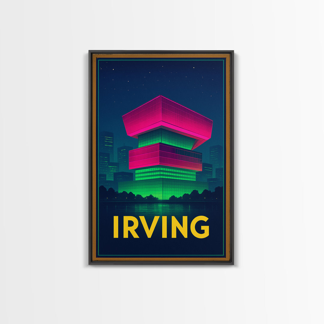 Irving Texas Travel Poster, Framed Canvas Print, Cyberpunk Style City Art, Irving Poster Print, Watercolor Skyline Art, Travel Art Print