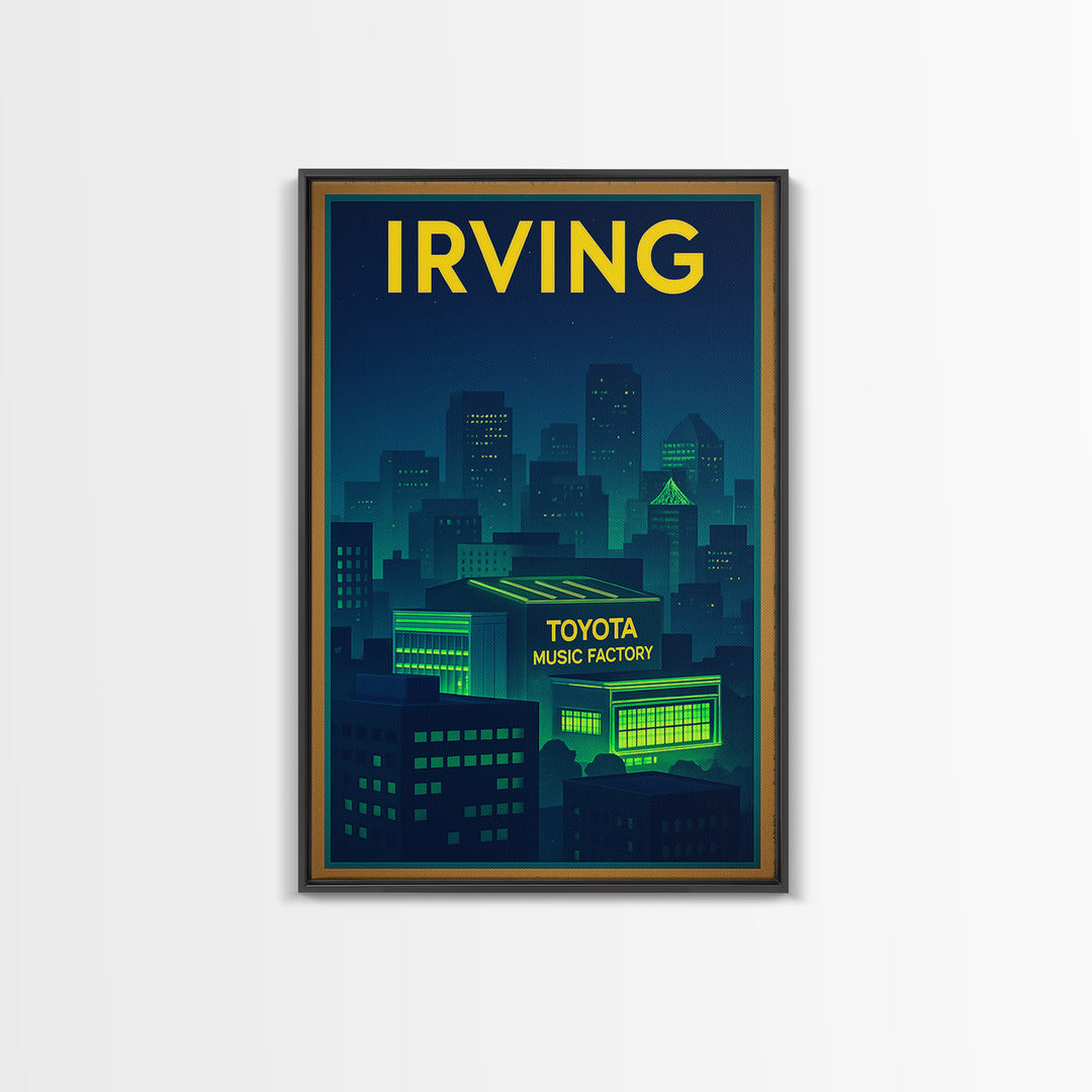 Irving Travel Poster, Framed Canvas Print, Cyberpunk Style City Art, Irving Poster Print, Living Room Wall Art, Vintage City Art