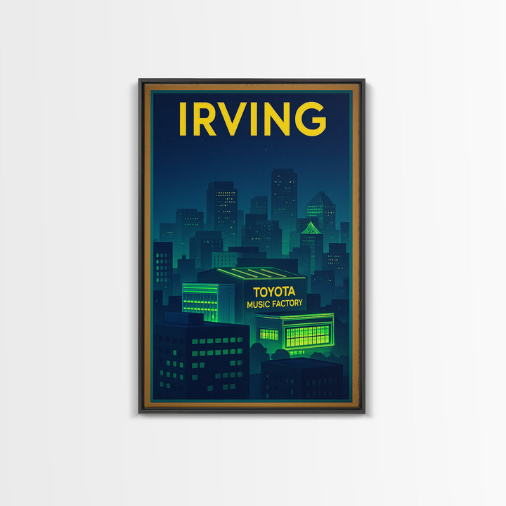Irving Travel Poster, Framed Canvas Print, Cyberpunk Style City Art, Irving Poster Print, Living Room Wall Art, Vintage City Art