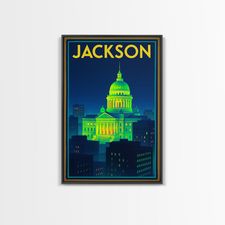 Jackson Travel Poster, Canvas Print, Retro Neon Travel Art, Jackson Wall Art, City Travel Prints, Vintage Travel Print, City Illustration
