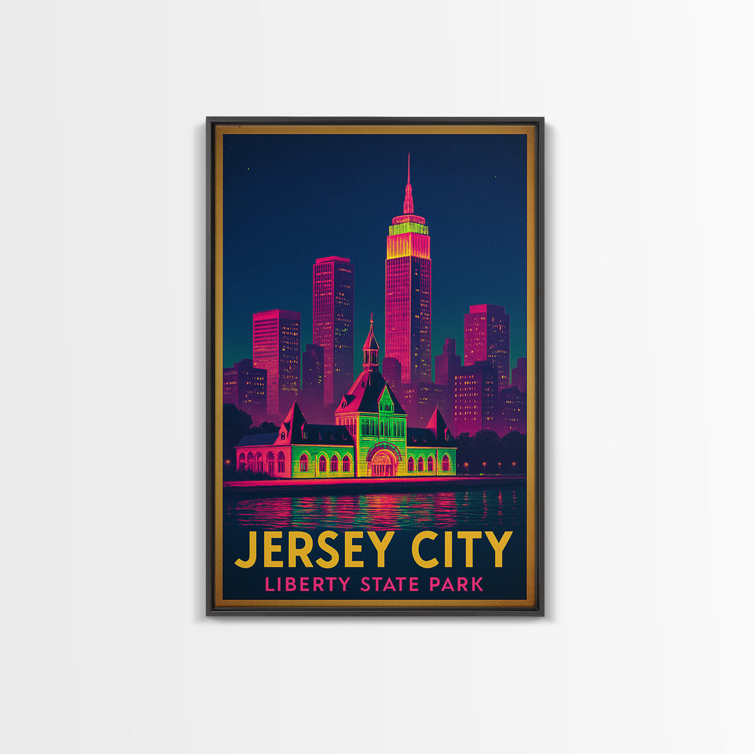 Jersey City New Jersey Travel Poster, Framed Canvas Print, Retro Neon Travel Art, Jersey City City Art, Vintage Travel Art, City Art Print