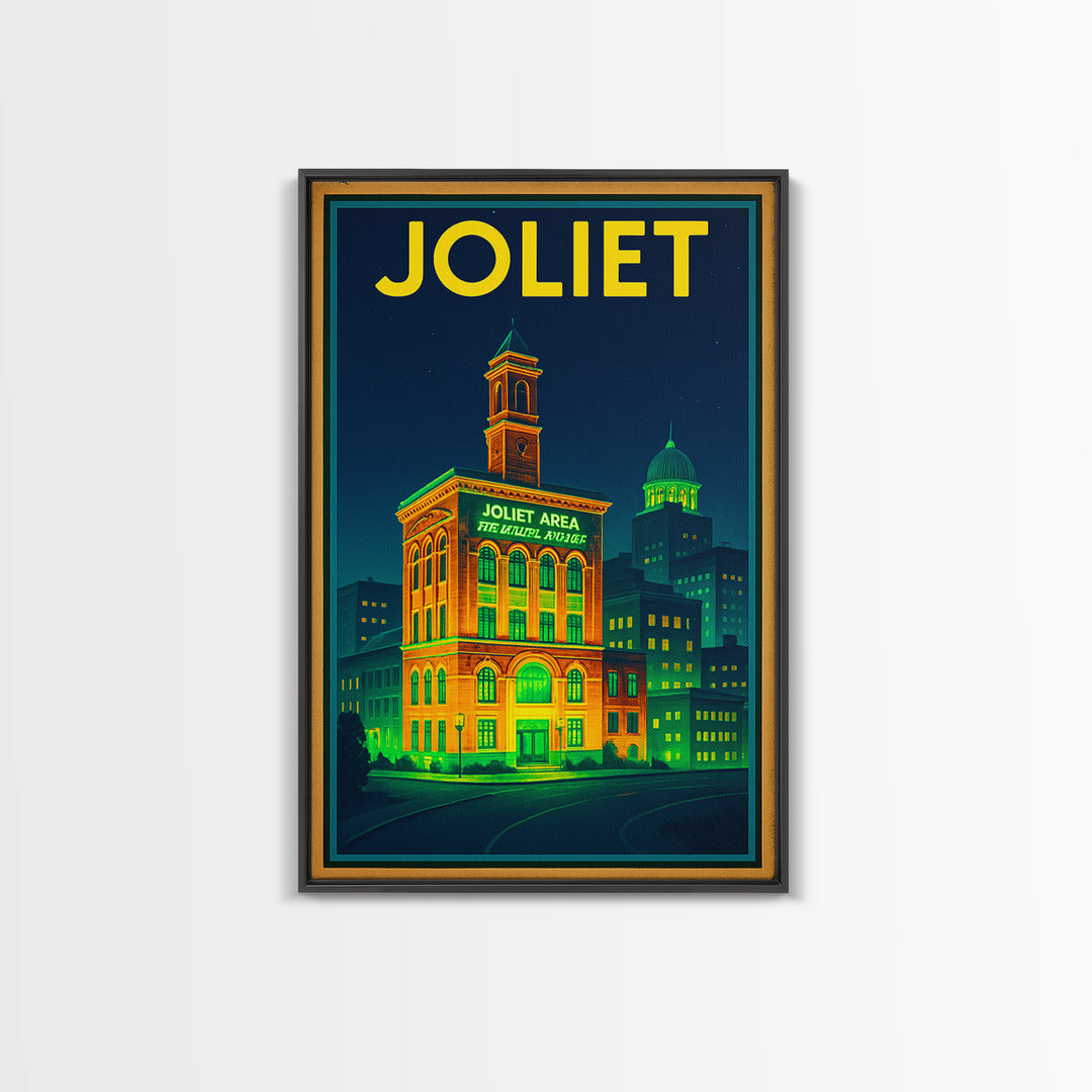 Joliet Travel Poster, Canvas Print, Electric Night Poster Art, Joliet Poster Print, Travel Wall Art, Vintage City Poster, Retro Travel Print