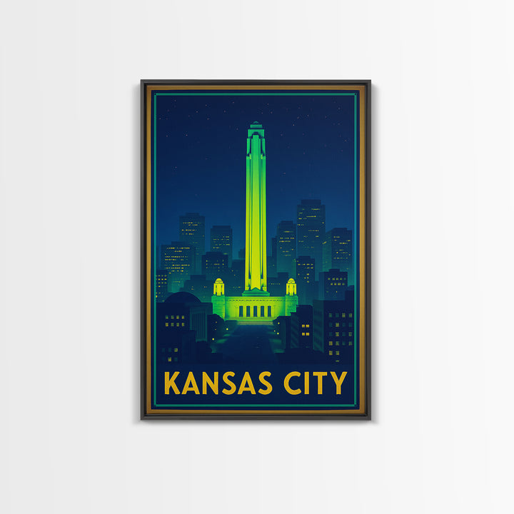Kansas City Missouri Travel Poster, Canvas Print, Neon Cityscape Wall Art, Kansas City Travel Art, Vintage Travel Art, Vintage City Poster