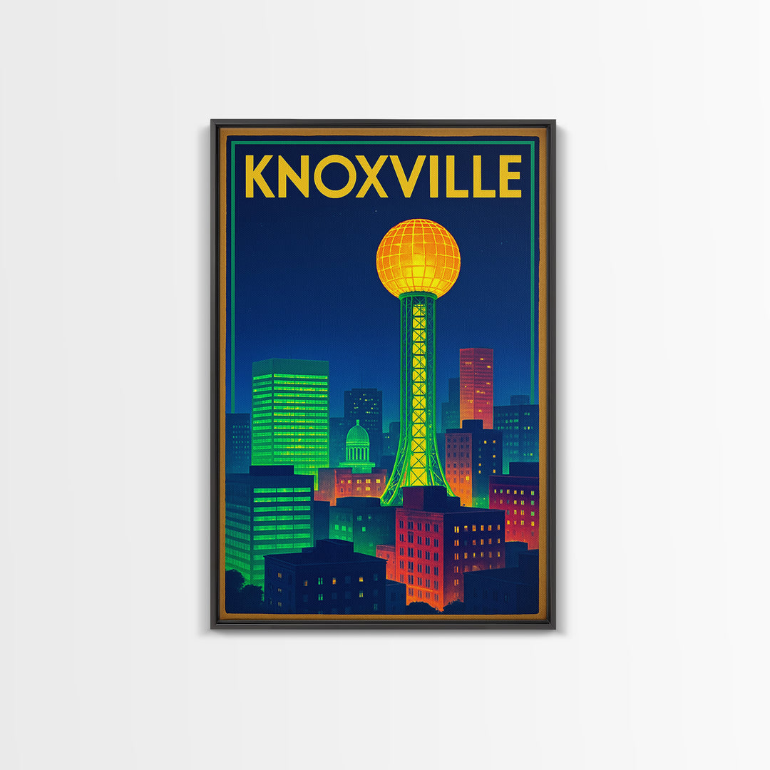 Knoxville Travel Poster, Framed Canvas Print, Retro Neon Travel Art, Knoxville Art Print, Retro Travel Print, Travel Wall Art, Design 2