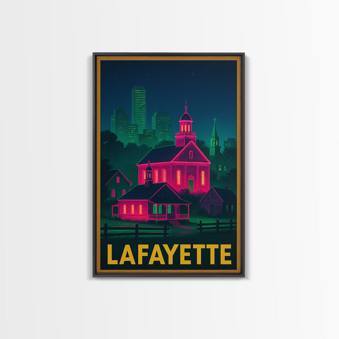 Lafayette Louisiana Travel Poster, Framed Canvas Print, Cyberpunk Style City Art, Lafayette Travel Art, Retro Travel Print, City Art Print