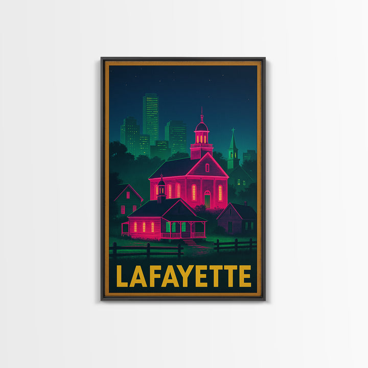 Lafayette Louisiana Travel Poster, Framed Canvas Print, Cyberpunk Style City Art, Lafayette Travel Art, Retro Travel Print, City Art Print