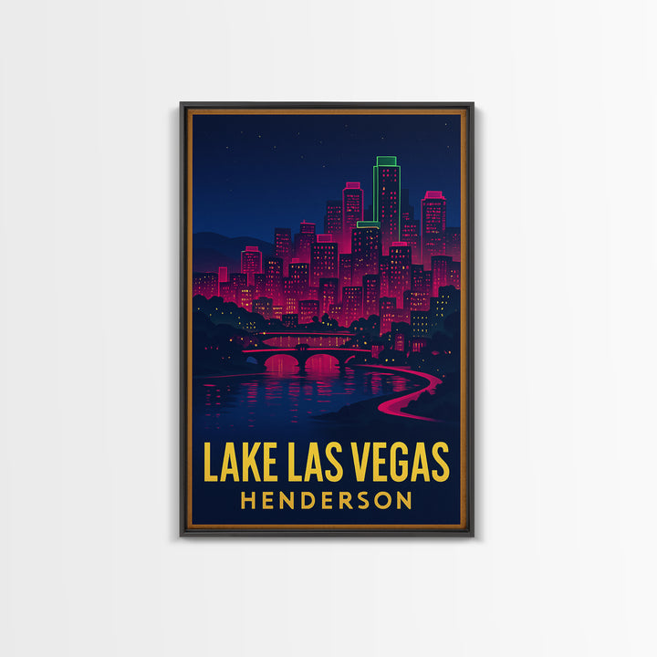Lake Las Vegas Travel Poster, Framed Canvas Print, Neon Cityscape Wall Art, Lake Las Vegas Poster Print, Fine Art Print, Travel Wall Decor