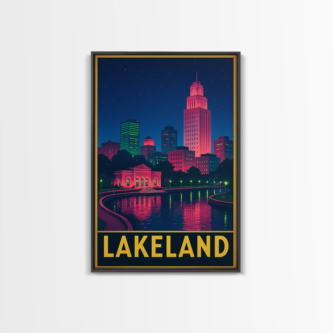 Lakeland Florida Travel Poster, Framed Canvas Print, Cyberpunk Style City Art, Lakeland Wall Art, Home Office Decor, Travel Poster Set
