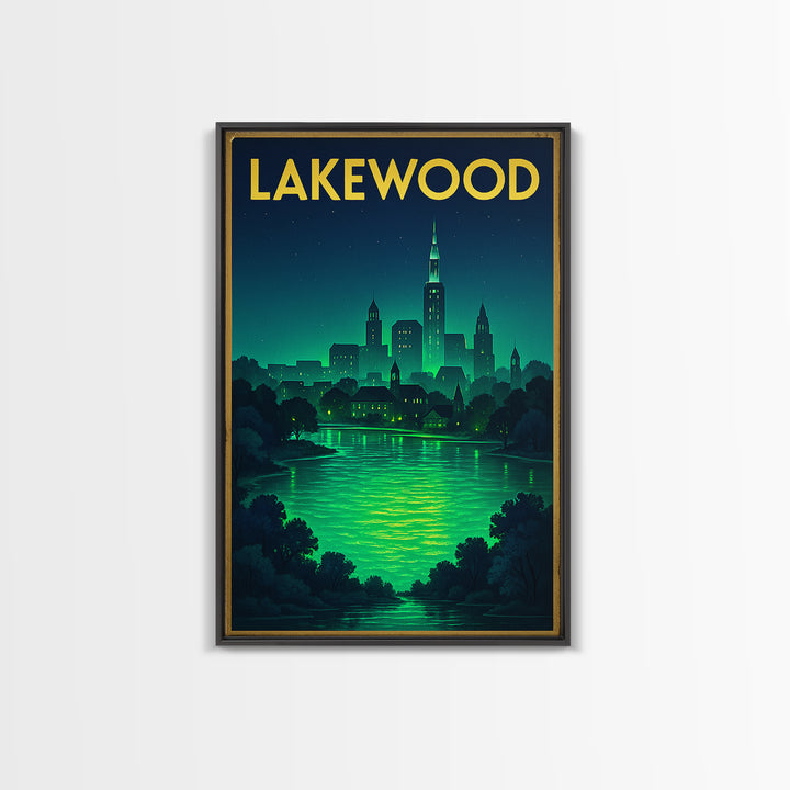 Lakewood Travel Poster, Framed Canvas Print, Neon Cityscape Wall Art, Lakewood Travel Art, City Travel Prints, Vintage Travel Print