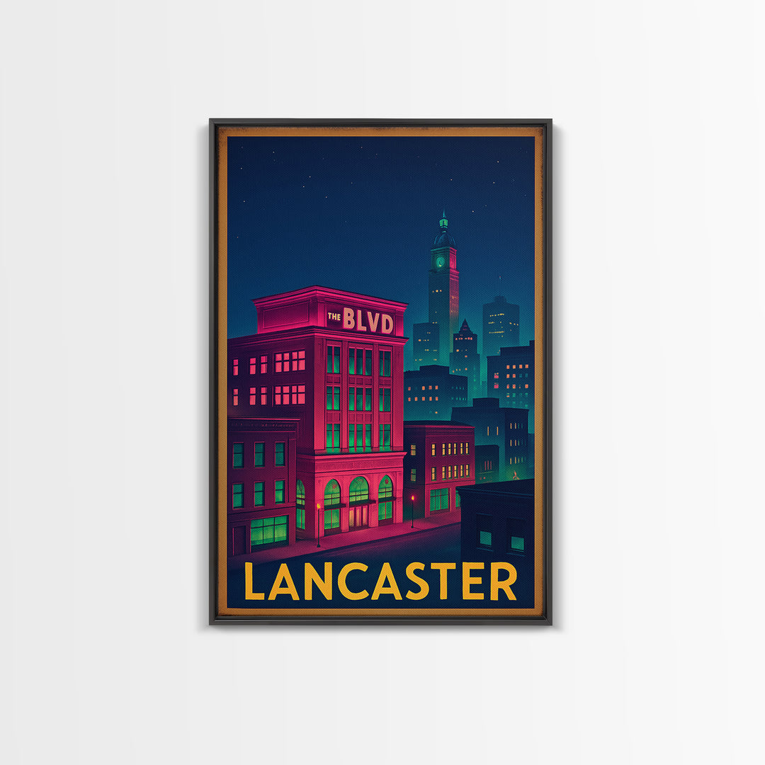 Lancaster California Travel Poster, Canvas Print, Retro Neon Travel Art, Lancaster Wall Art, Travel Art Print, Vintage City Art, Wall Art