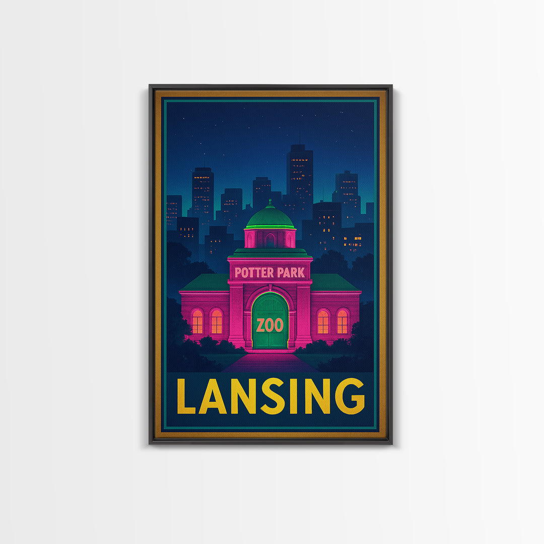 Lansing Michigan Travel Poster, Canvas Print, Neon Skyline Wall Art, Lansing Art Print, Wall Decor, Travel Poster Set, Wanderlust Decor