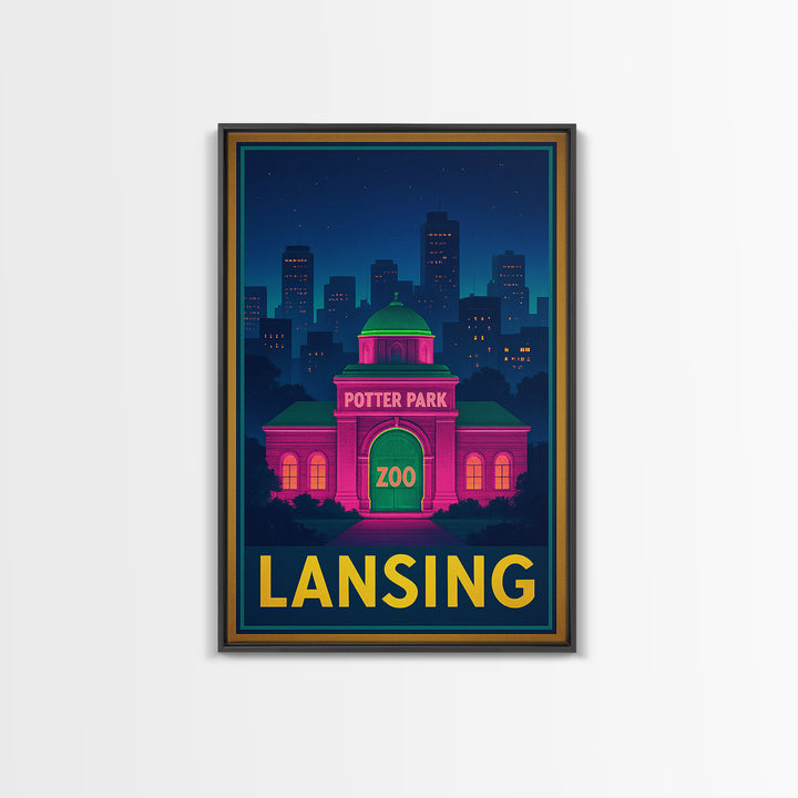 Lansing Michigan Travel Poster, Canvas Print, Neon Skyline Wall Art, Lansing Art Print, Wall Decor, Travel Poster Set, Wanderlust Decor