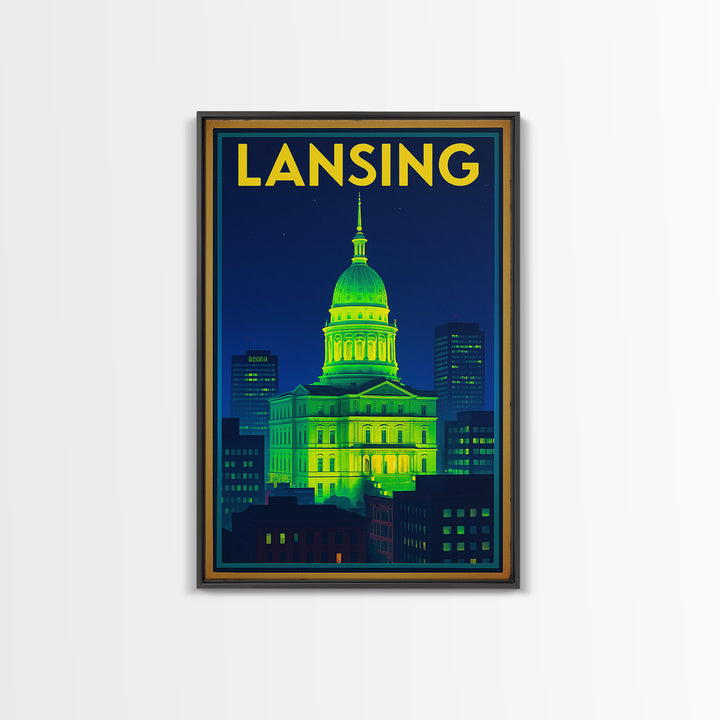 Lansing Travel Poster, Framed Canvas Print, Retro Neon Travel Art, Lansing City Art, City Illustration, Vintage Travel Print, Wall Art