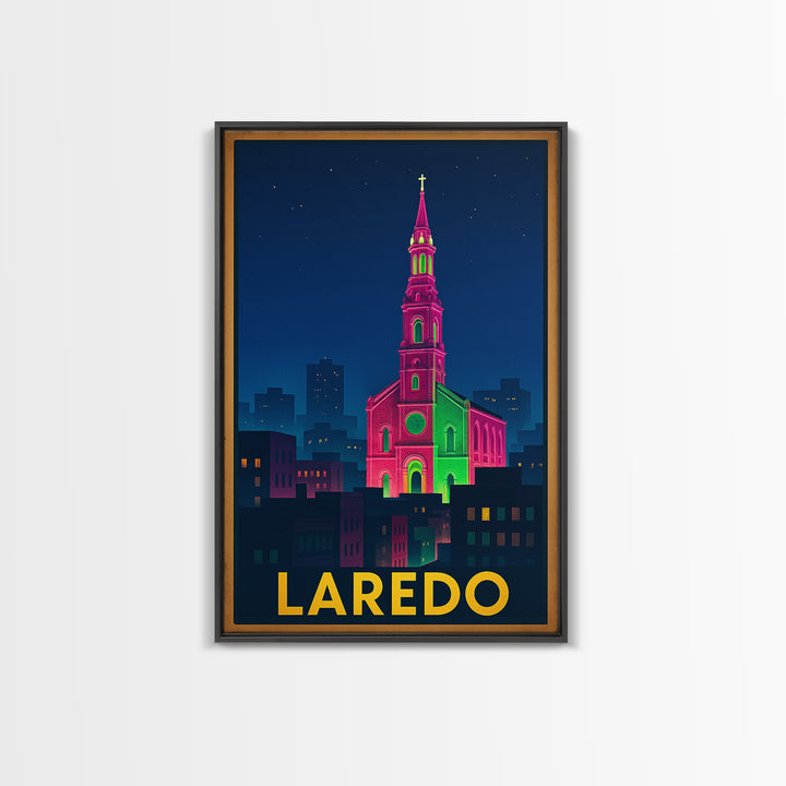 Laredo Texas Travel Poster, Framed Canvas Print, Electric Night Poster Art, Laredo Wall Art, Travel Poster Set, Watercolor Skyline