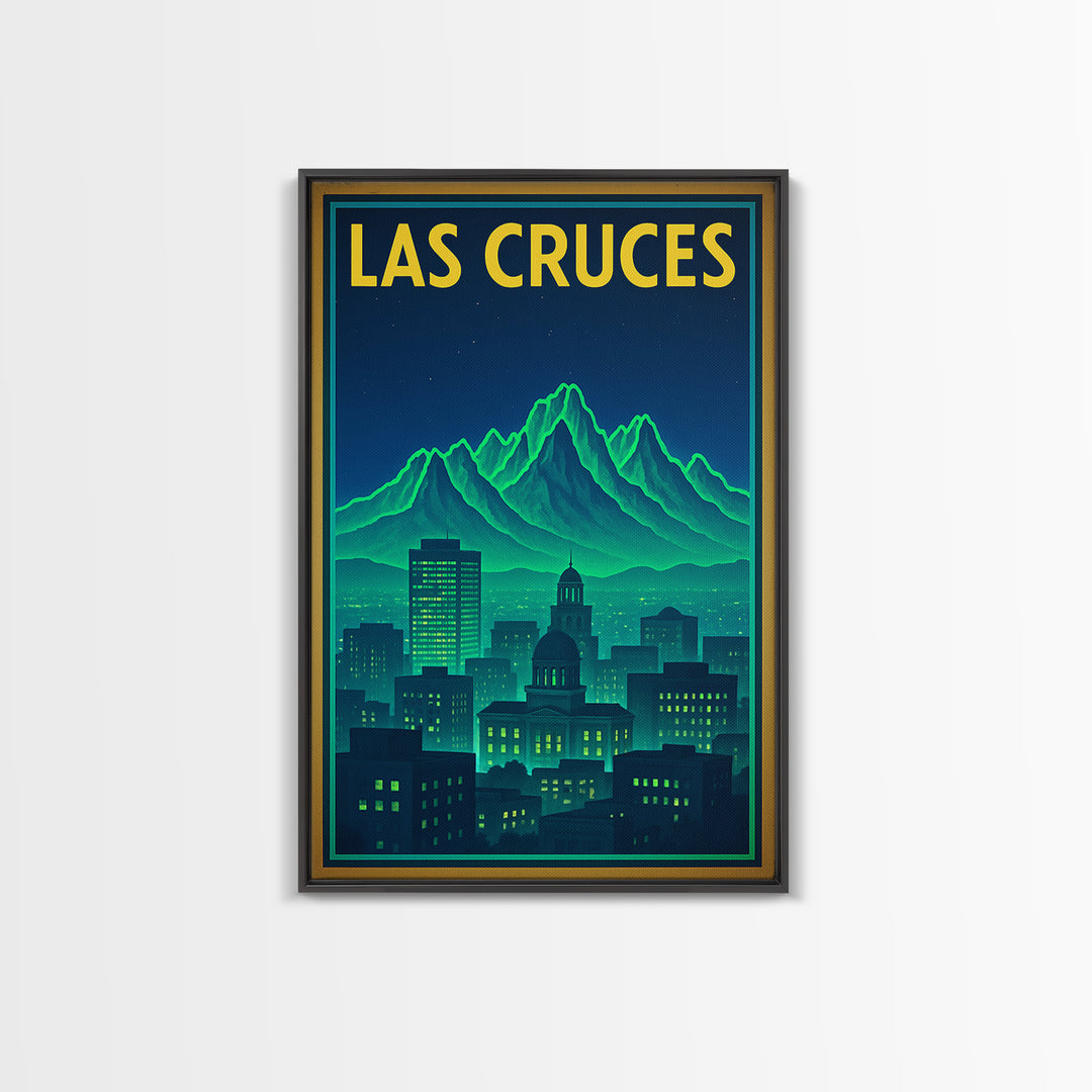 Las Cruces Travel Poster, Framed Canvas Print, Neon City Skyline Wall Art, Las Cruces Travel Art, Home Office Decor, Travel Wall Decor