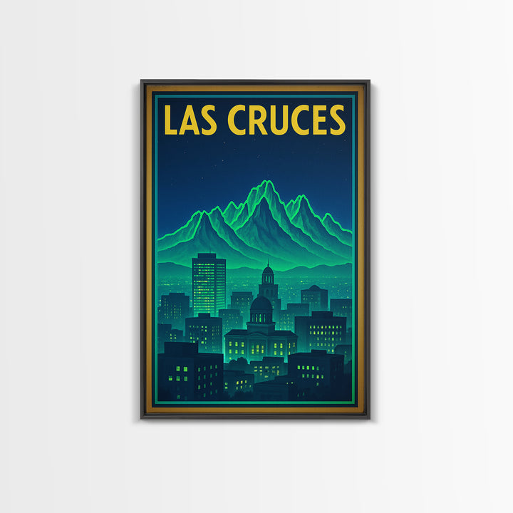 Las Cruces Travel Poster, Framed Canvas Print, Neon City Skyline Wall Art, Las Cruces Travel Art, Home Office Decor, Travel Wall Decor