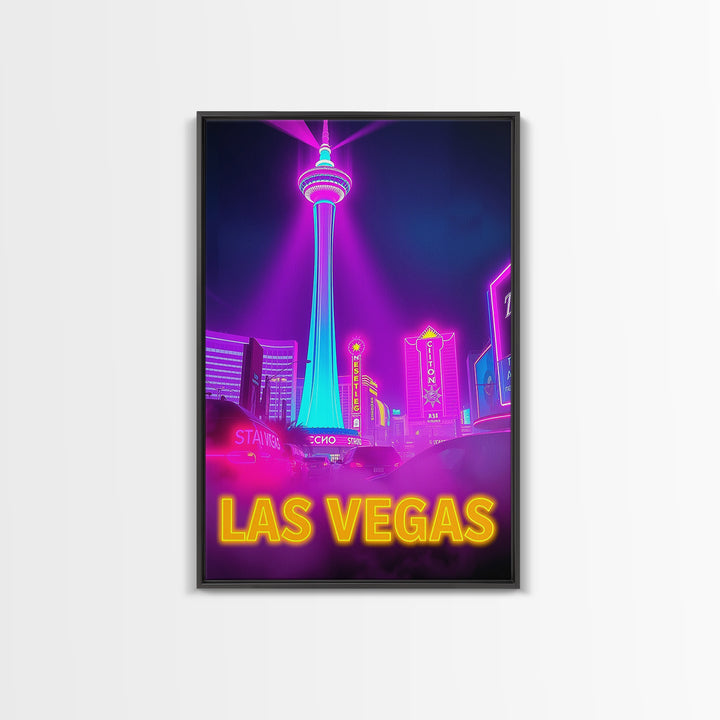 Las Vegas Nevada Travel Poster, Canvas Print, Cyberpunk Style City Art, Las Vegas Poster Print, Mid Century Wall Art, Watercolor Skyline