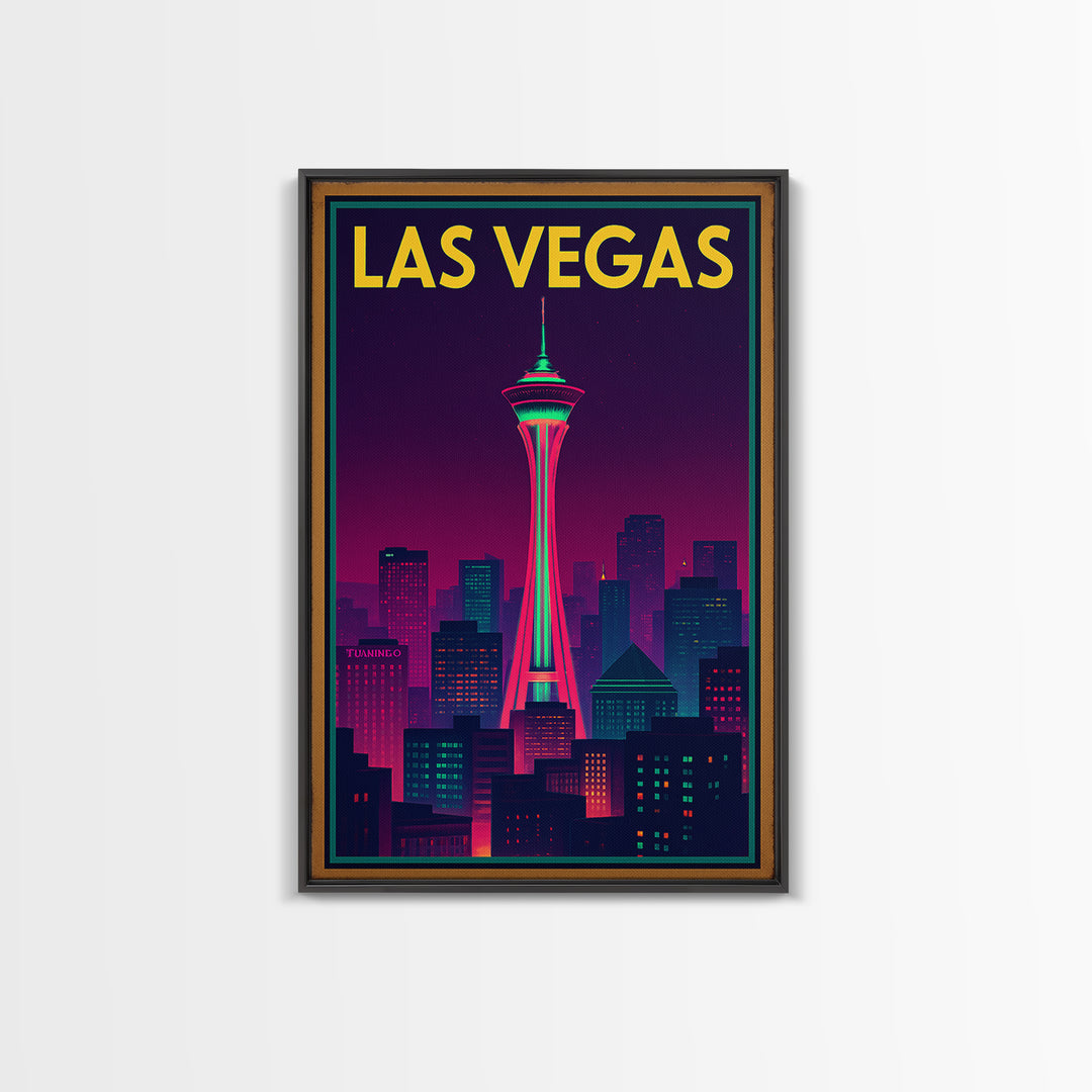 Las Vegas Travel Poster, Canvas Print, Retro Neon Travel Art, Las Vegas Wall Art, City Illustration, Eclectic Wall Decor, Home Office Decor