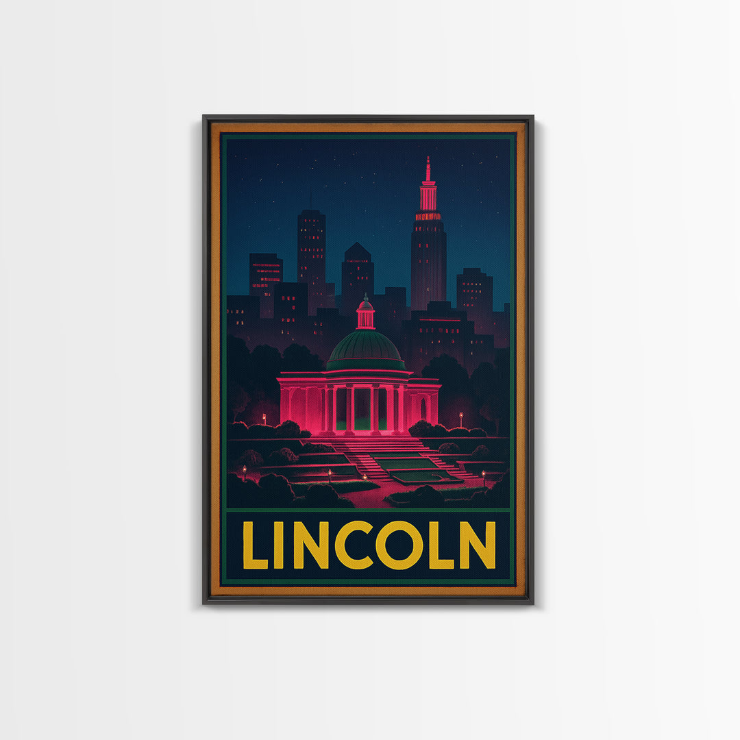 Lincoln Nebraska Travel Poster, Framed Canvas Print, Electric Night Poster Art, Lincoln Travel Art, Travel Art Print, Travel Poster Set