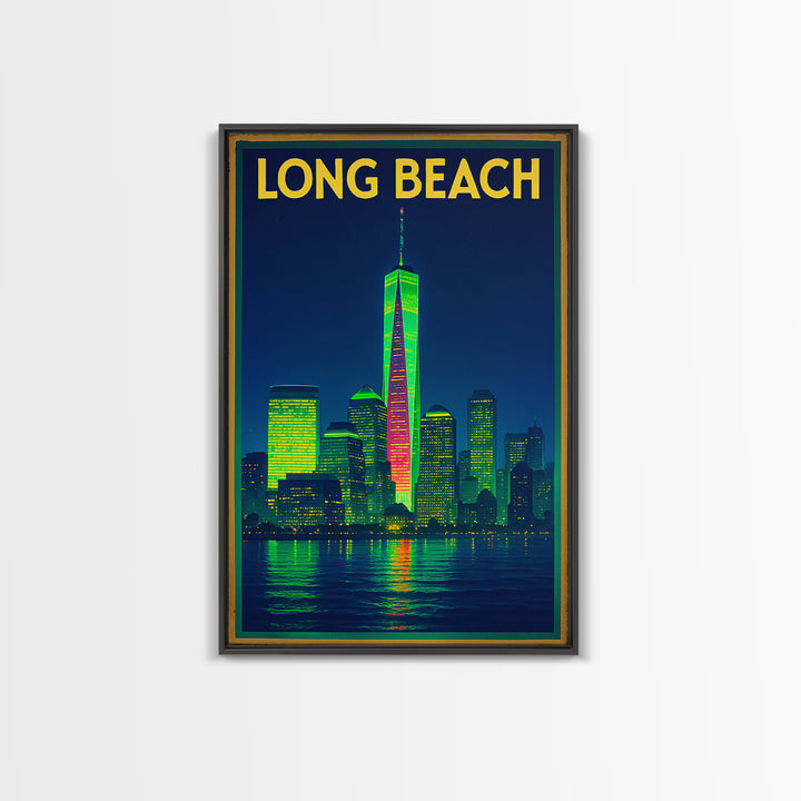 Long Beach Travel Poster, Framed Canvas Print, Retro Neon Travel Art, Long Beach Travel Art, Retro Travel Print, Eclectic Wall Decor