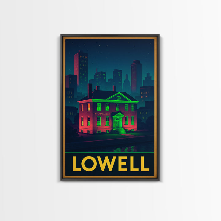 Lowell Massachusetts Travel Poster, Canvas Print, Retro Neon Travel Art, Lowell Travel Art, Wanderlust Decor, Wall Art, Retro Travel Print