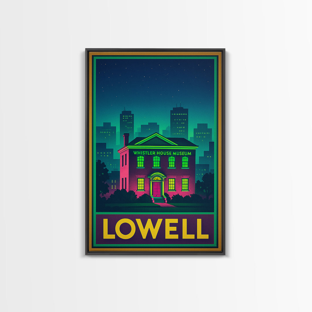 Lowell Travel Poster, Canvas Print, Retro Neon Travel Art, Lowell Travel Art, Travel Wall Decor, Travel Wall Art, Retro Travel Print