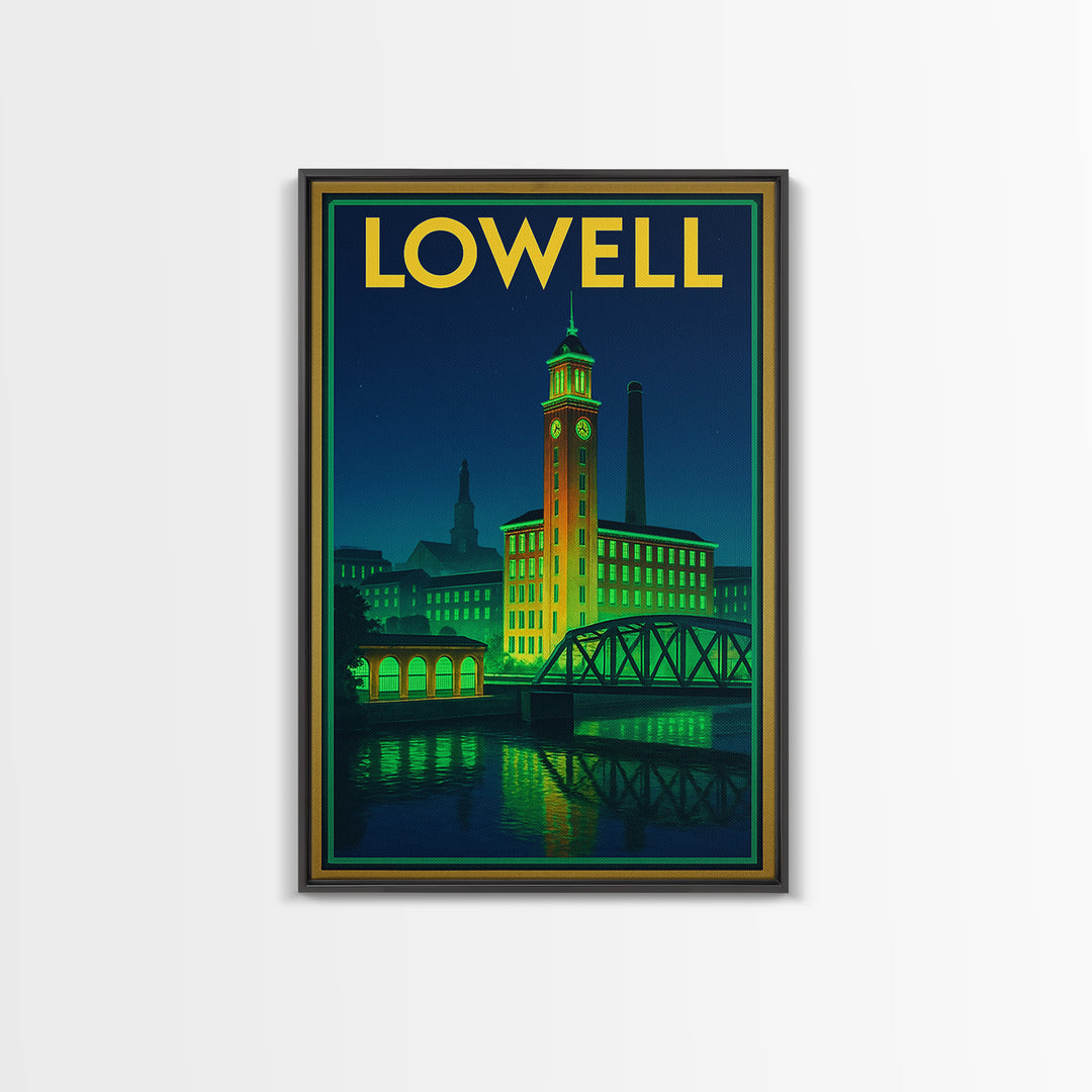 Lowell Travel Poster, Canvas Print, Neon Urban Skyline Wall Art, Lowell Wall Art, Watercolor Urban Skyline, Travel Art Print, Wall Decor