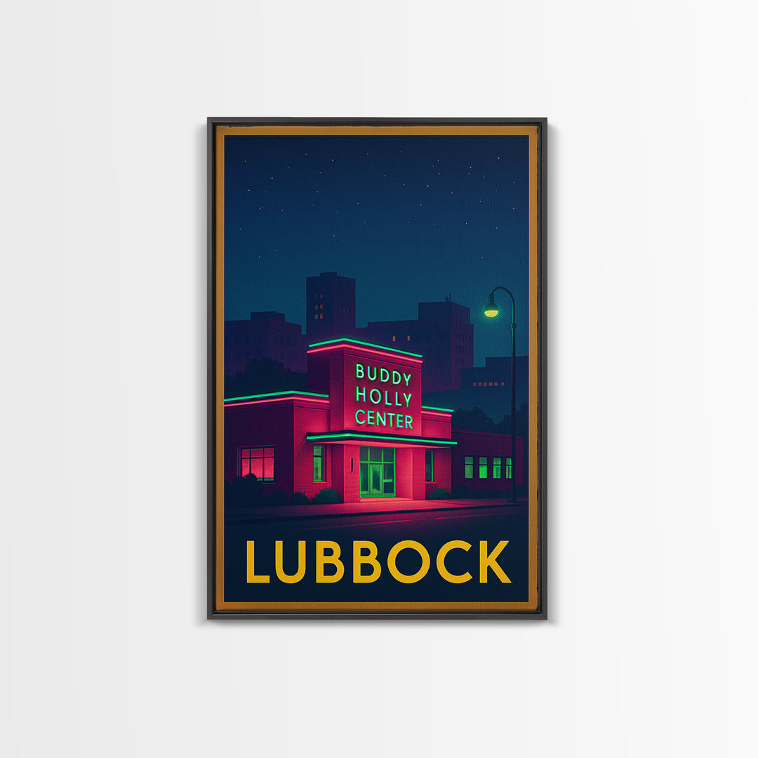 Lubbock Texas Travel Poster, Canvas Print, Neon Skyline Art Wall Art, Lubbock Poster Print, Vintage Travel Print, Mid Century Wall Art