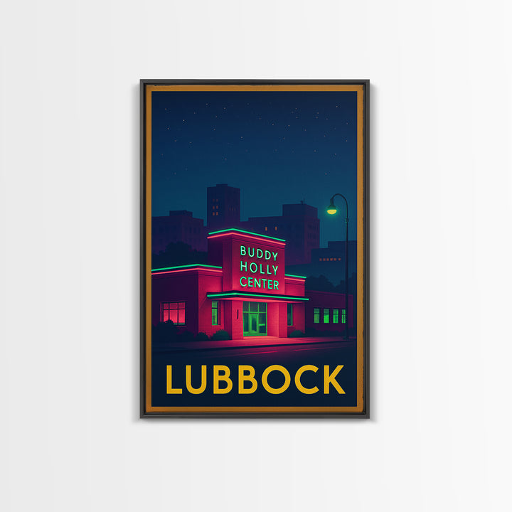 Lubbock Texas Travel Poster, Canvas Print, Neon Skyline Art Wall Art, Lubbock Poster Print, Vintage Travel Print, Mid Century Wall Art