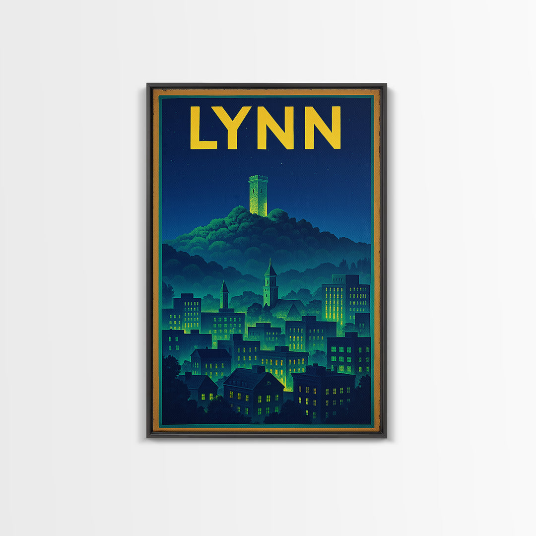 Lynn Travel Poster, Framed Canvas Print, Retro Neon Travel Art, Lynn Art Print, Modern Wall Decor, Travel Wall Art, Gift For Travelers