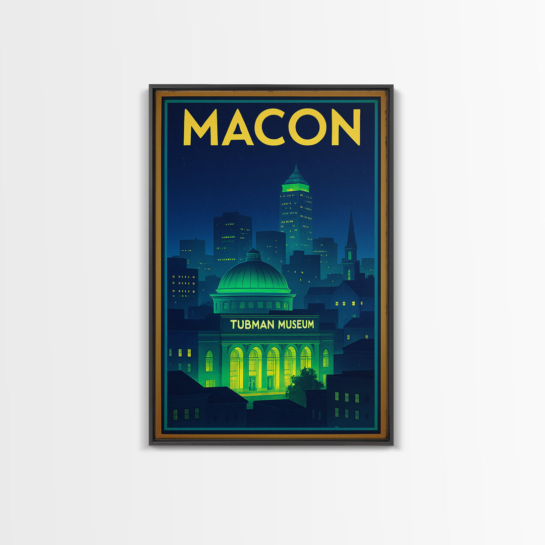 Macon Travel Poster, Framed Canvas Print, Retro Neon Travel Art, Macon Poster Print, Travel Art Print, Retro Travel Print, Travel Decor