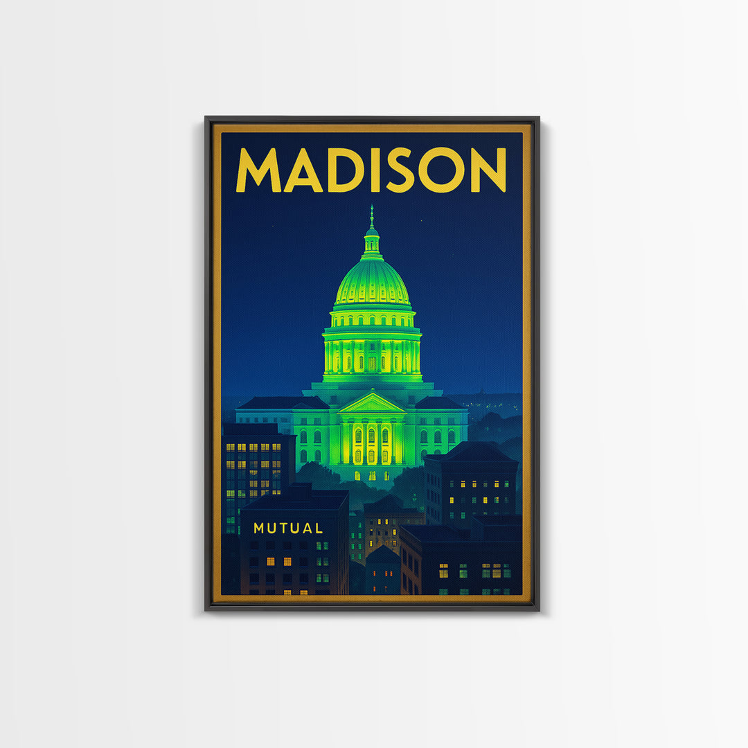 Madison Travel Poster, Framed Canvas Print, Electric Night Poster Art, Madison City Art, Travel Wall Art, Travel Wall Decor, Travel Print