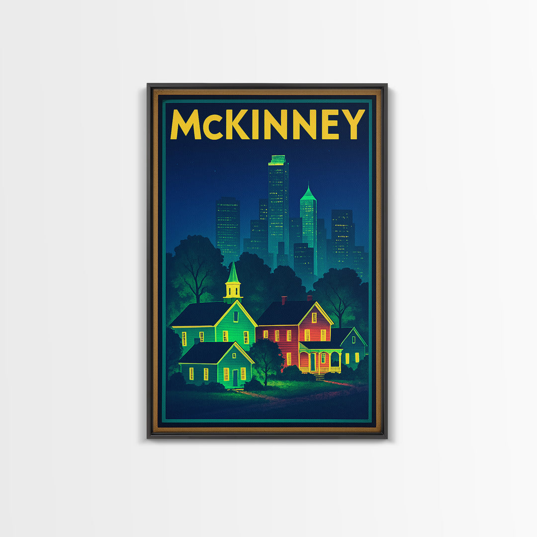 Mckinney Travel Poster, Framed Canvas Print, Retro Neon Travel Art, Mckinney Poster Print, Gift For Travelers, Fine Art Print, Design 2