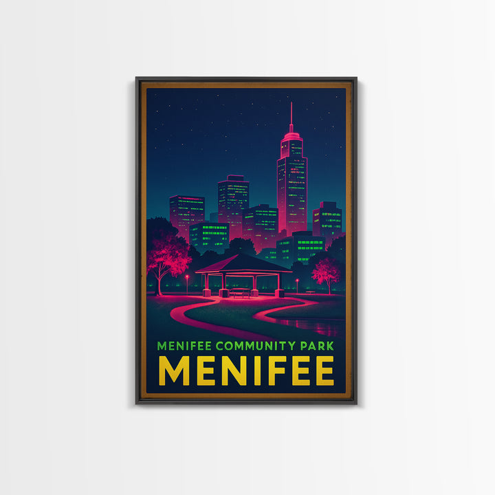 Menifee California Travel Poster, Canvas Print, Electric Night Poster Art, Menifee Travel Art, Watercolor City Skyline, City Art Print