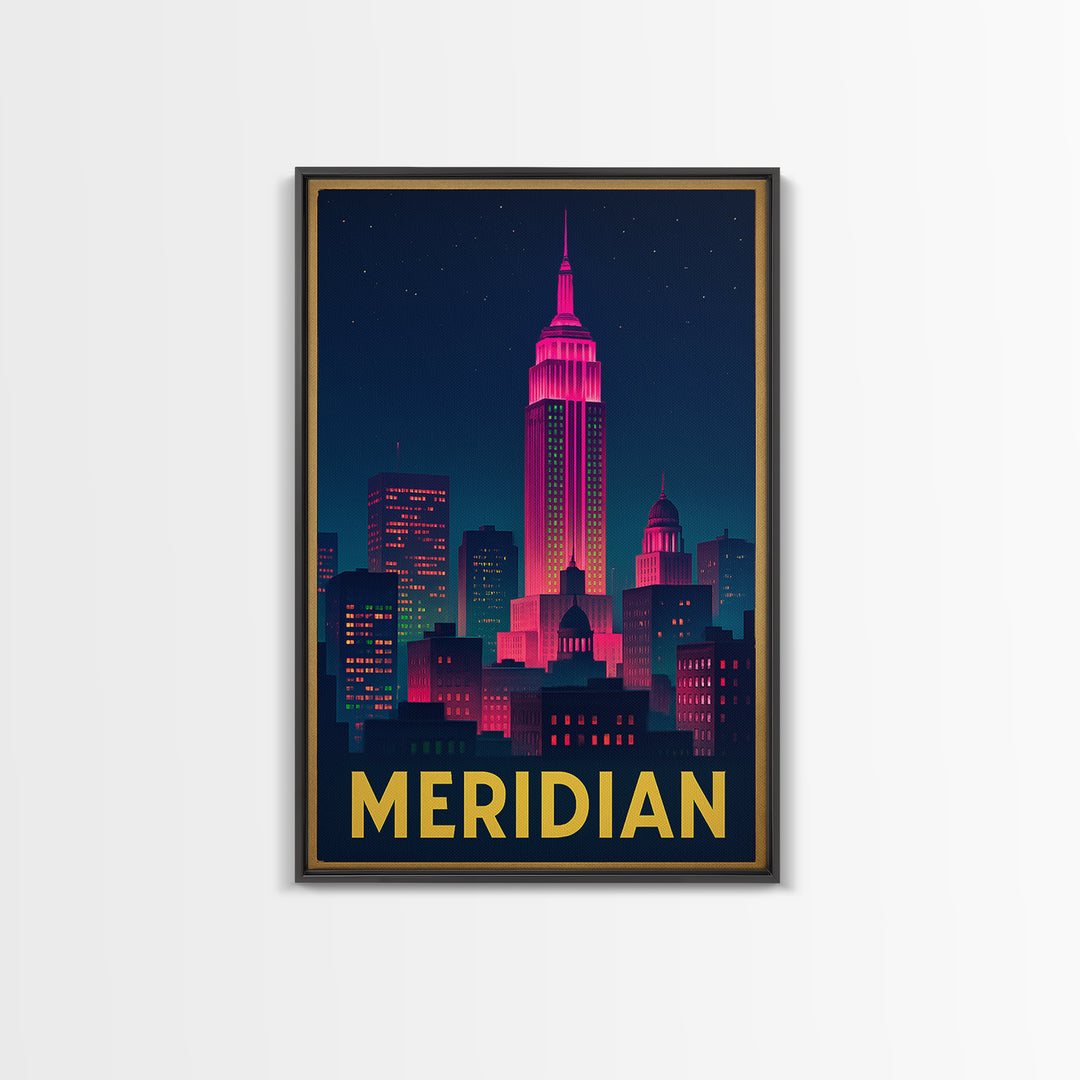Meridian Idaho Travel Poster, Framed Canvas Print, Electric Night Poster Art, Meridian Wall Art, Travel Poster Art, Mid Century Wall Art