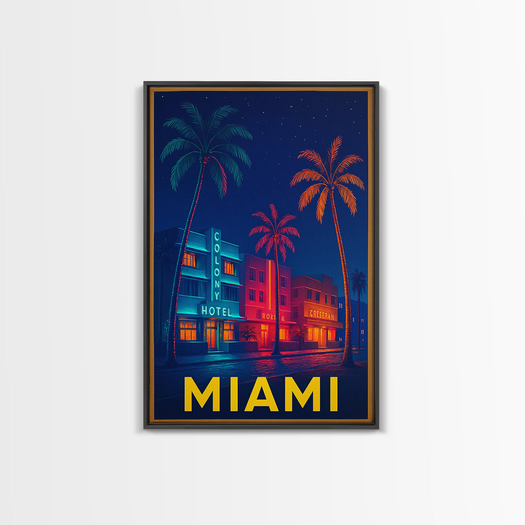 Miami Florida Travel Poster, Canvas Print, Cyberpunk Style City Art, Miami Art Print, Wanderlust Decor, City Illustration, Travel Wall Art