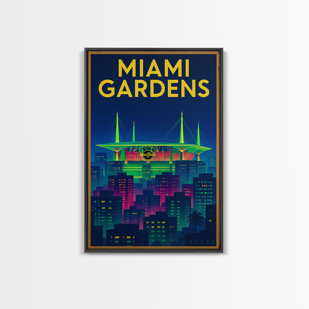 Miami Gardens Travel Poster, Canvas Print, Electric Night Poster Art, Miami Gardens Wall Art, Mid Century Wall Art, Vintage Travel Art
