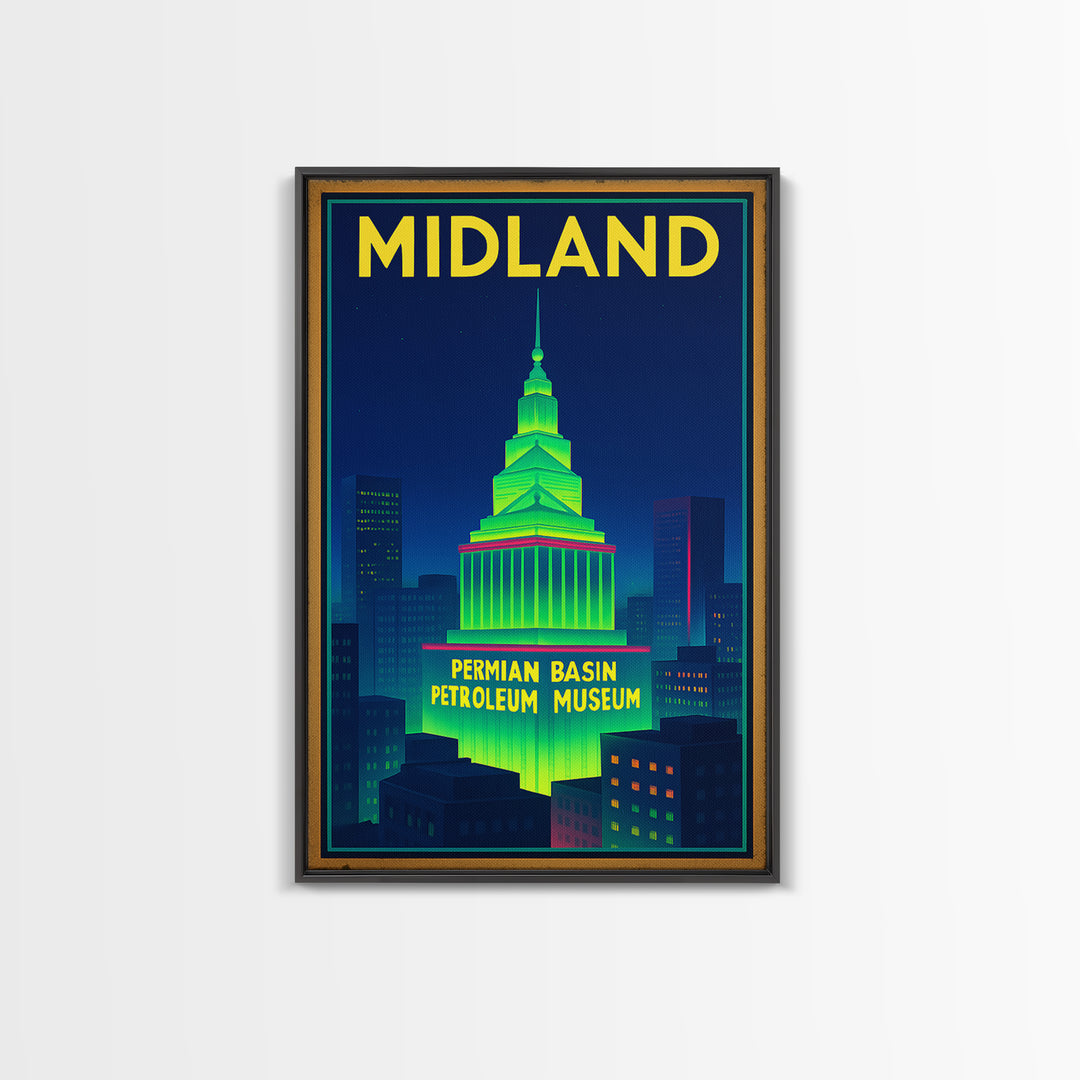 Midland Travel Poster, Framed Canvas Print, Retro Neon Travel Art, Midland Art Print, Eclectic Wall Decor, City Art Print, Fine Art Print